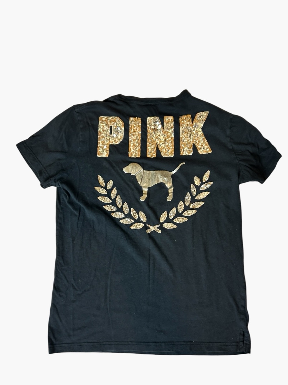 Victoria’s Secret PINK Bling Campus Tee Black Gold Sequin Dog Logo Medium Foil
